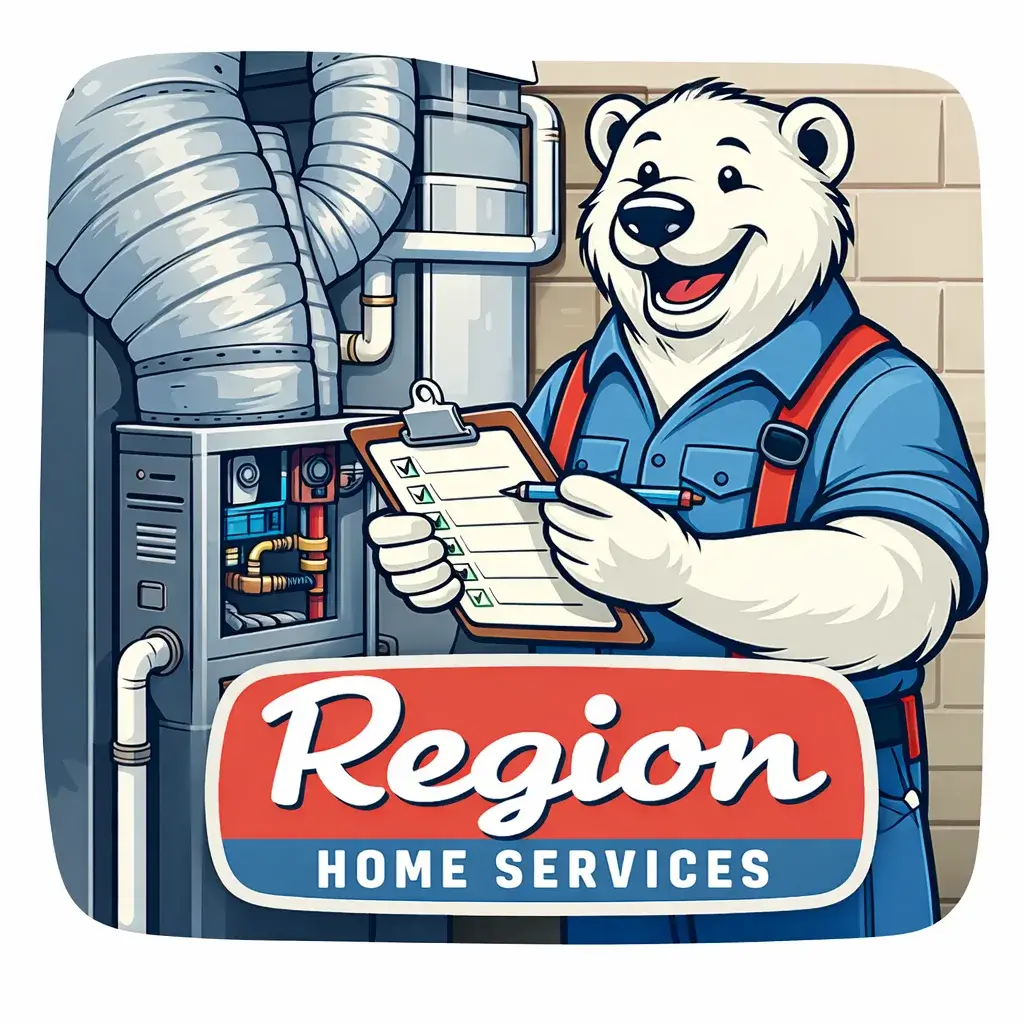 Region Home Services polar bear mascot checking a furnace with a clipboard